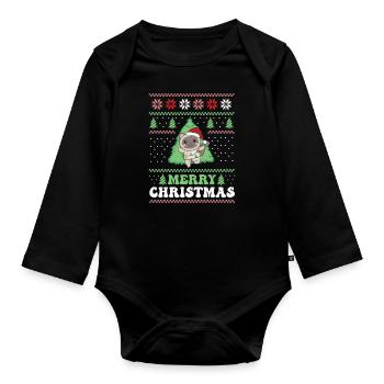 Merry Christmas retro ugly christmas cat - Organic Longsleeve Baby Bodysuit - black - Front
