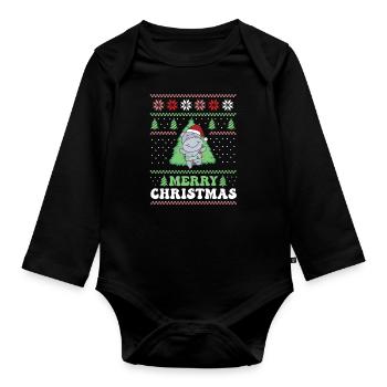 Merry Christmas retro ugly christmas Hippo - Organic Longsleeve Baby Bodysuit - black - Front