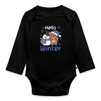 Bear Hello Winter Snowman Snow Christmas - Organic Longsleeve Baby Bodysuit - black - Front