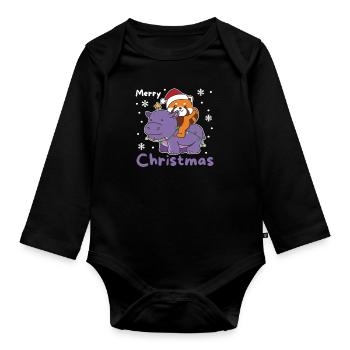 Christmas Hippo Red Panda Merry Christmas Hippo - Organic Longsleeve Baby Bodysuit - black - Front