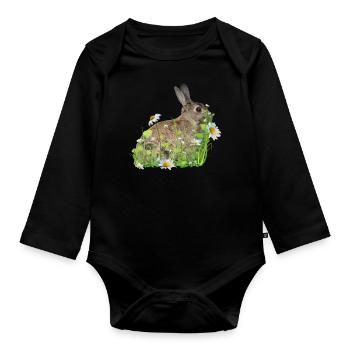 Rabbit White Flowers - Organic Longsleeve Baby Bodysuit - black - Front