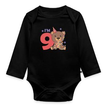 Ninth birthday bear for children 9 years old - Organic Longsleeve Baby Bodysuit - black - Front