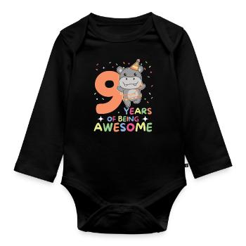 Hippo for the 9th birthday children nine years old - Organic Longsleeve Baby Bodysuit - black - Front