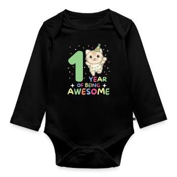 Cat for 1st birthday for children one year old - Organic Longsleeve Baby Bodysuit - black - Front