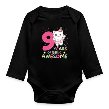 Cat for 9th birthday children nine years old - Organic Longsleeve Baby Bodysuit - black - Front