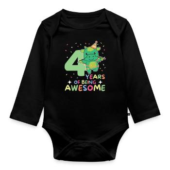 Drache zum 4. Geburtstag Kinder vier Jahre alt - Baby Bio-Langarm-Body - Schwarz - Vorne