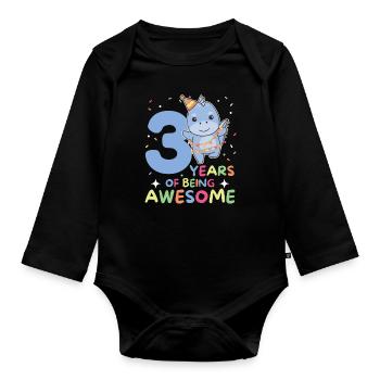 Dino for 3rd birthday children three years old - Organic Longsleeve Baby Bodysuit - black - Front