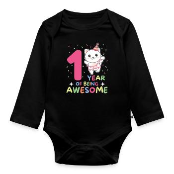 Cat for 1st birthday for children one year old - Organic Longsleeve Baby Bodysuit - black - Front