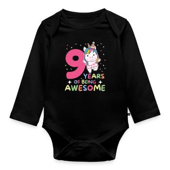 Unicorn for 9th birthday children nine years old - Organic Longsleeve Baby Bodysuit - black - Front