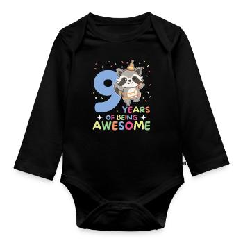 Raccoon for 9th birthday children nine years old - Organic Longsleeve Baby Bodysuit - black - Front