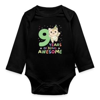 Cat for 9th birthday children nine years old - Organic Longsleeve Baby Bodysuit - black - Front