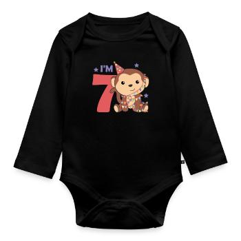 Monkey for seventh birthday for children 7 years old - Organic Longsleeve Baby Bodysuit - black - Front