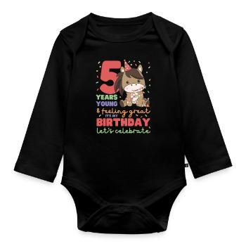 Horse for 5th birthday Children five years old - Organic Longsleeve Baby Bodysuit - black - Front