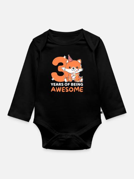 Fuchs zum 3. Geburtstag Kinder drei Jahre alt - Baby Bio-Langarm-Body - Schwarz