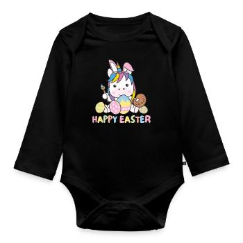 happy easter süßes Einhorn Ostern mit Ostereiern - Baby Bio-Langarm-Body - Schwarz - Vorne
