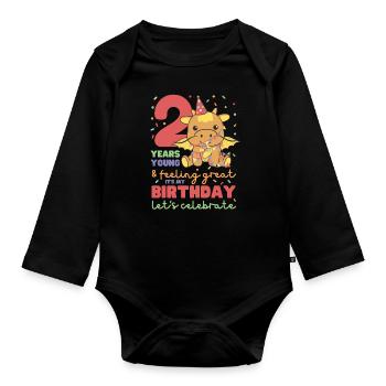 Drache zum 2. Geburtstag Kinder zwei Jahre alt - Baby Bio-Langarm-Body - Schwarz - Vorne