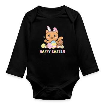 happy easter cute cat Easter with Easter eggs - Organic Longsleeve Baby Bodysuit - black - Front