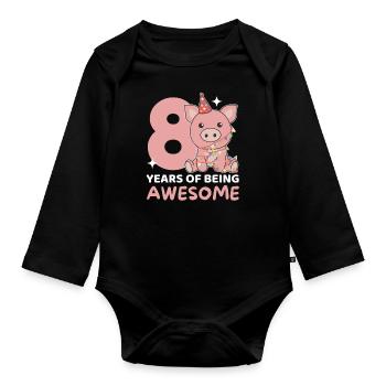 Pig for 8th birthday Children eight years old - Organic Longsleeve Baby Bodysuit - black - Front