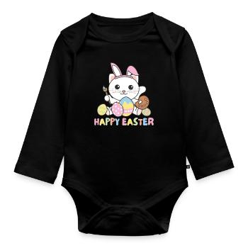 happy easter cute cat Easter with Easter eggs - Organic Longsleeve Baby Bodysuit - black - Front