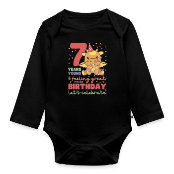 Drache zum 7. Geburtstag Kinder sieben Jahre alt - Baby Bio-Langarm-Body - Schwarz - Vorne