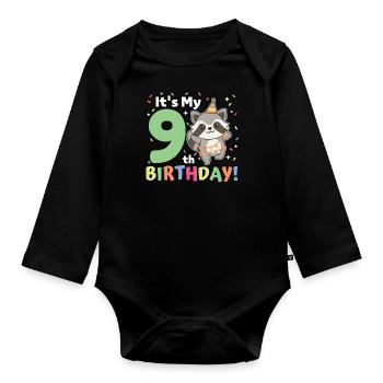 Raccoon for 9th birthday children nine years old - Organic Longsleeve Baby Bodysuit - black - Front