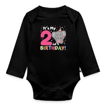 Elefant zum 2. Geburtstag Kinder zwei Jahre alt - Baby Bio-Langarm-Body - Schwarz - Vorne