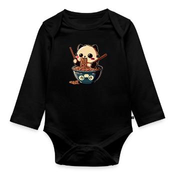 But first ramen cute cat eats ramen - Organic Longsleeve Baby Bodysuit - black - Front