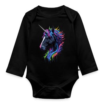 Rainbow Splash Unicorn - Organic Longsleeve Baby Bodysuit - black - Front