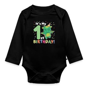 Drache zum 1. Geburtstag für Kinder ein Jahr alt - Baby Bio-Langarm-Body - Schwarz - Vorne