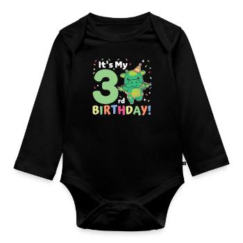 Drache zum 3. Geburtstag Kinder drei Jahre alt - Baby Bio-Langarm-Body - Schwarz - Vorne