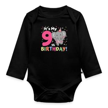 Elephant for 9th birthday children nine years old - Organic Longsleeve Baby Bodysuit - black - Front