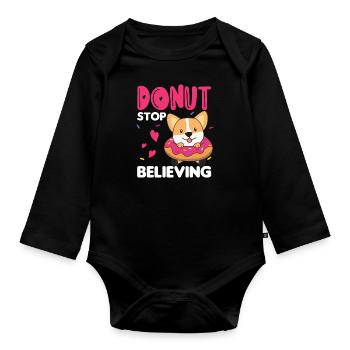 Cute Corgi funny animals in donut pun pink - Organic Longsleeve Baby Bodysuit - black - Front