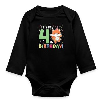 Fuchs zum 4. Geburtstag Kinder vier Jahre alt - Baby Bio-Langarm-Body - Schwarz - Vorne