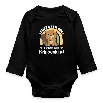 Hurra Ich Bin Jetzt Ein Krippenkind Biber - Baby Bio-Langarm-Body - Schwarz - Vorne