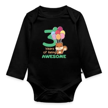 Squirrel for 3rd birthday children three years - Organic Longsleeve Baby Bodysuit - black - Front