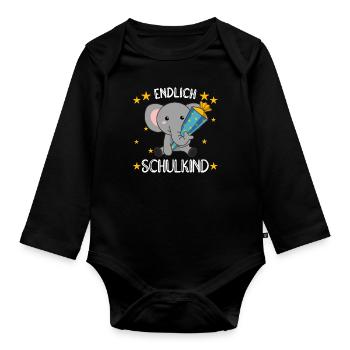 endlich Schulkind Einschulung Schule Elefant - Baby Bio-Langarm-Body - Schwarz - Vorne