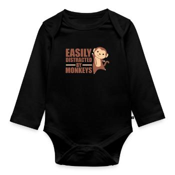 Easily distracted by monkeys - cute monkey - Organic Longsleeve Baby Bodysuit - black - Front