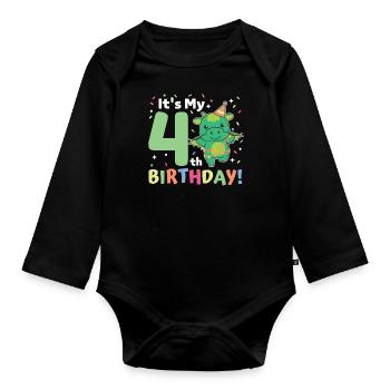 Drache zum 4. Geburtstag Kinder vier Jahre alt - Baby Bio-Langarm-Body - Schwarz - Vorne