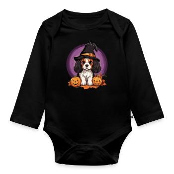 Halloween Witch Hat Pumpkin Dog Cavalier King - Organic Longsleeve Baby Bodysuit - black - Front