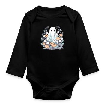 Halloween Groovy Ghost Hippie Fleurs Vintage - Body Bébé bio manches longues - noir - Devant