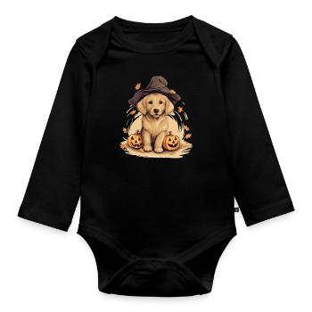 Halloween Witch Hat Pumpkin Dog Golden Retriver - Organic Longsleeve Baby Bodysuit - black - Front