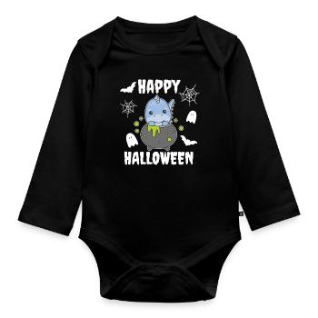 Dino Happy Halloween Witch's Cauldron Bat - Organic Longsleeve Baby Bodysuit - black - Front