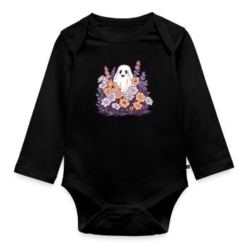 Halloween Groovy Ghost Hippie Fleurs Vintage - Body Bébé bio manches longues - noir - Devant