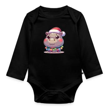 Weihnachtsmütze Weihnachten Lichterkette Hippo - Baby Bio-Langarm-Body - Schwarz - Vorne