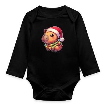 Père Noël chapeau Noël guirlandes lumineuses Capybara - Body Bébé bio manches longues - noir - Devant