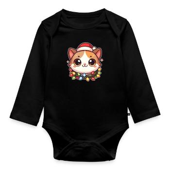Weihnachtsmütze Weihnachten Lichterkette Katze - Baby Bio-Langarm-Body - Schwarz - Vorne