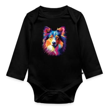 Aquarelle coloré Shetland chien de berger - Body Bébé bio manches longues - noir - Devant