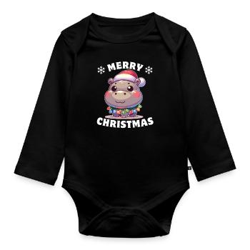 Weihnachtsmütze Weihnachten Lichterkette Hippo - Baby Bio-Langarm-Body - Schwarz - Vorne
