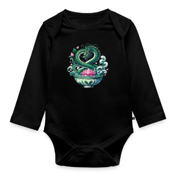 Tea Chinese Dragon and Lotus Flower - Organic Longsleeve Baby Bodysuit - black - Front