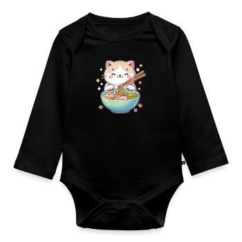 chat mignon mange des nouilles ramen chats ramen - Body Bébé bio manches longues - noir - Devant